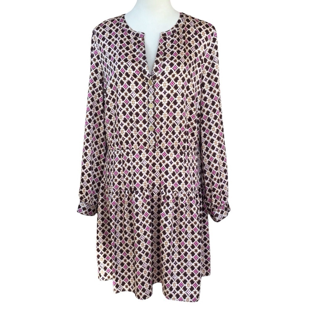 Loft Geo Print Split Neck Flare Dress Career Casual Style NEW